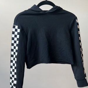 Black checkered sleeved crop top with hood